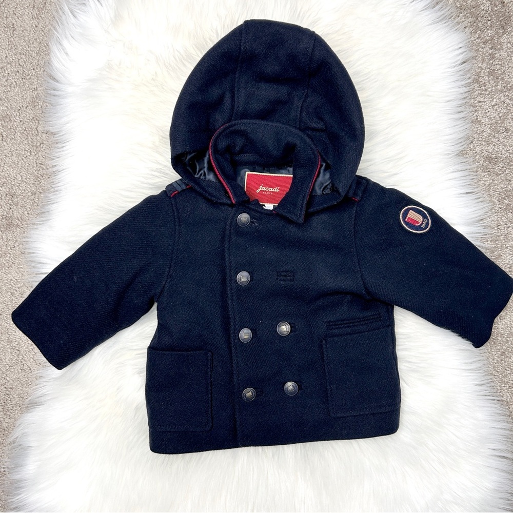 JACADI PARIS Navy Blue Wool Blend Hooded Baby Winter Coat Size 12 Months - Picture 1 of 10